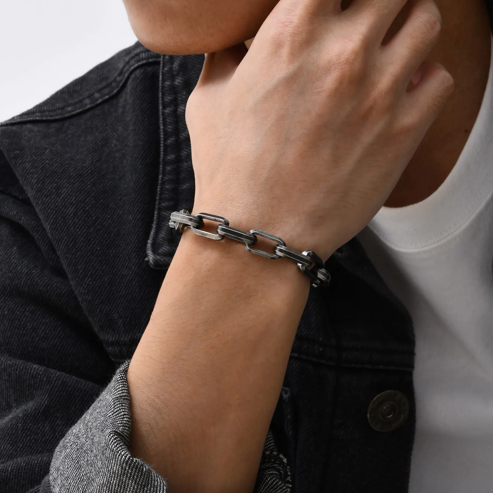 Vnox Punk Heavy Rectangular Link Chain Bracelets for Men Teens Boys Vintage Oxidized Paperclip Chain Wristband Chunky Jewelry