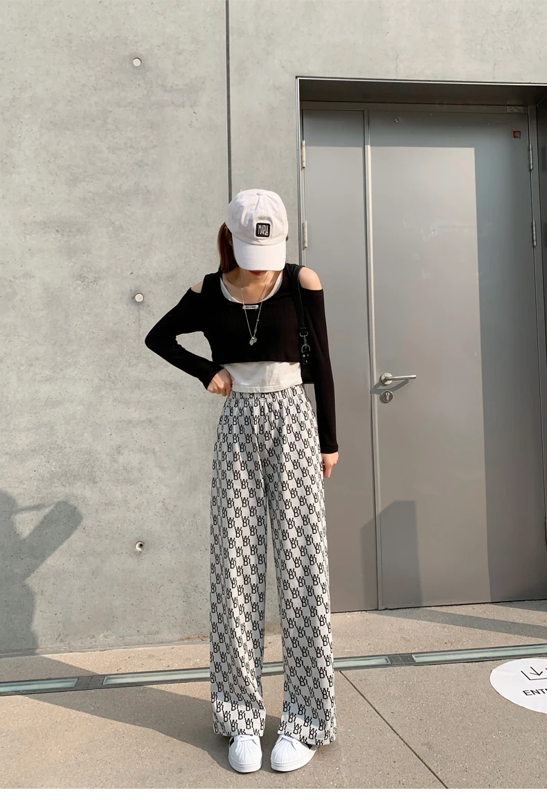 plaid pants elastic knitted Pants Fashion Women Casual Loose Wide Leg Trousers Retro Straight Trousers Hip-hop Unisex Streetwear plus size clothing