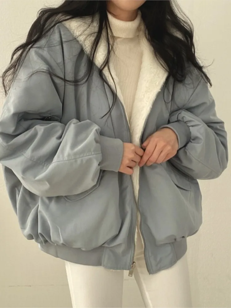 Casaco curto com capuz em ambos os lados inverno 2022 nova cashmere espessamento de lã de cordeiro algodão casaco de vestuário feminino chaquetas