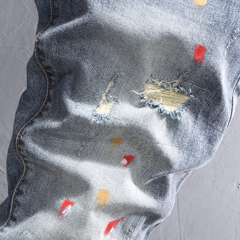 Street Fashion Men Jeans Retro Blue Elastic Stretch Skinny Fit Vintage Ripped Jeans Men Painted Designer Hip Hop Pants Hombre