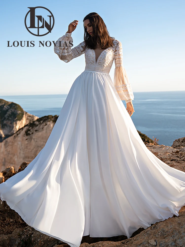 

Женское свадебное платье-трапеция LOUIS NOVIAS, кружевное платье с рукавами-фонариками, аппликацией и V-образным вырезом, открытой спиной, 2024