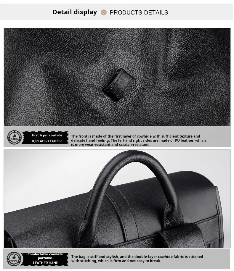 حقيبة ظهر عصرية من جلد البقر الطبيعي متعددة الاستخدامات للرجال، حقيبة أعمال أنيقة بحمالتين للكتف باللون الأسود