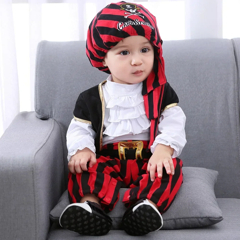 With Cap Vest Red Knight Pirate Halloween Costume Jumpsuit Stripe Suit baby boy Halloween party dress children kid clothes 3-15M 2