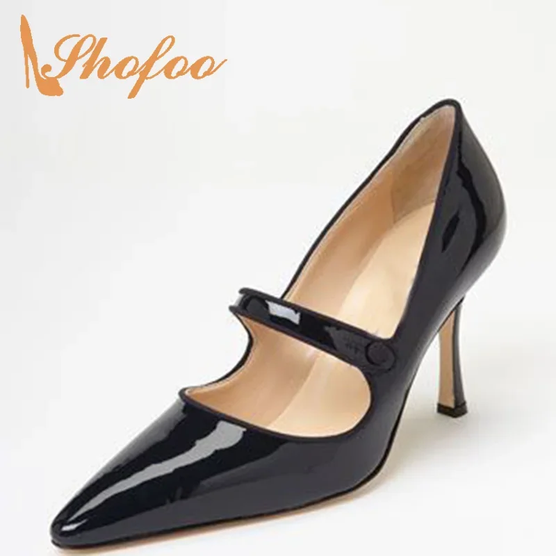 

High Thin Heels Button Mary Janes Patent Leather Stiletto Pumps Woman Pointed Toe Ladies Dress Fashion Shoes Large Size 14 15