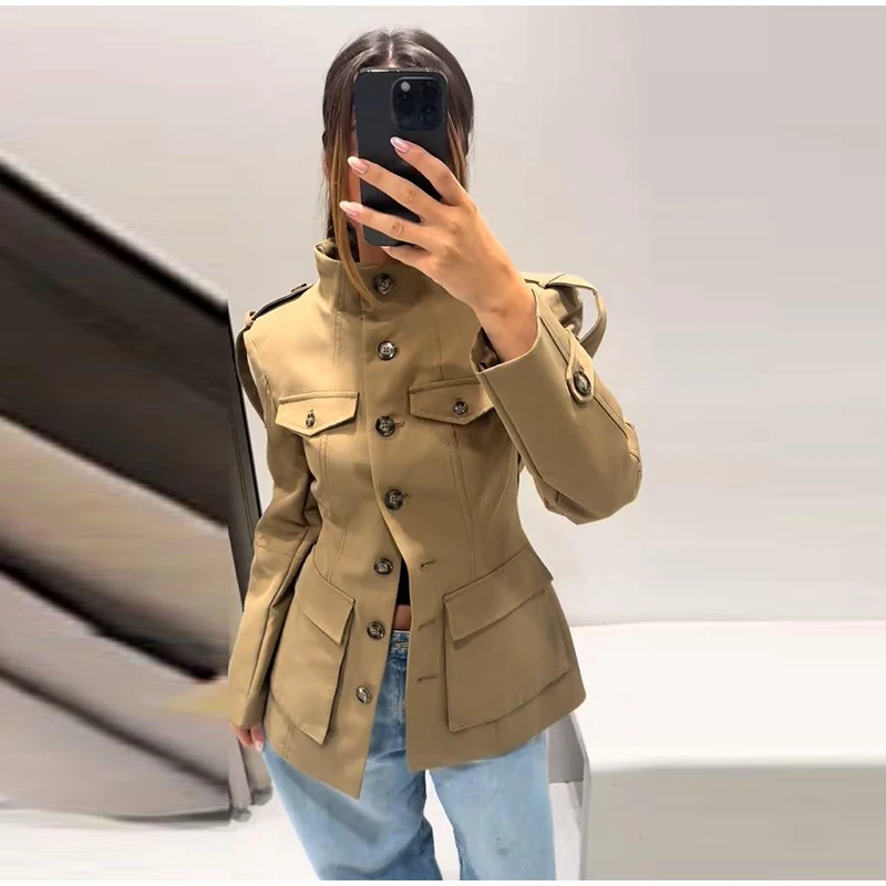 Pocket Stand Collar Long Sleeves Jacket Woman Single Breasted Solid Color Waist Cinching Jackets Versatile Women's New Jackets 9 S5badd09b9fbb4b20b1c7ee78b41bd831H