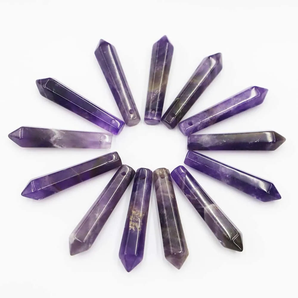 

Good Quality Natural Stone Amethysts Crystal Pillar Hexagram Holes Necklaces Pendants Fashion Jewelry Accessories Wholesale 4pcs
