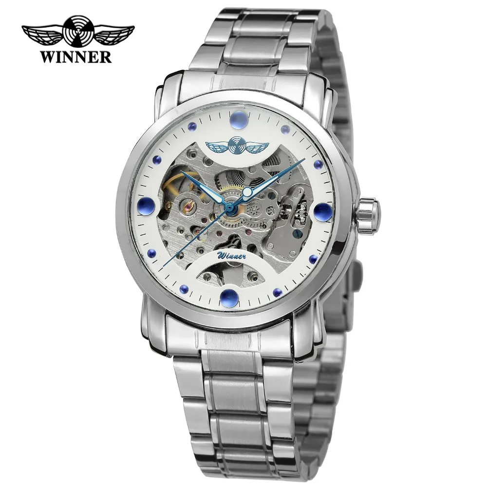 

Winner Blue Ocean Fashion Casual Designer Stainless Steel Skeleton Men's Watches Top Brand Luxury Automatic Wristwatch Clock New