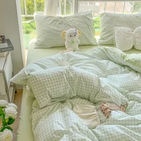 Green Nordic Bedding Set Ins Plaid Girls Boys Double Queen Size Duvet Cover Flat Sheet Pillowcase New No Filler Bed Linens 1