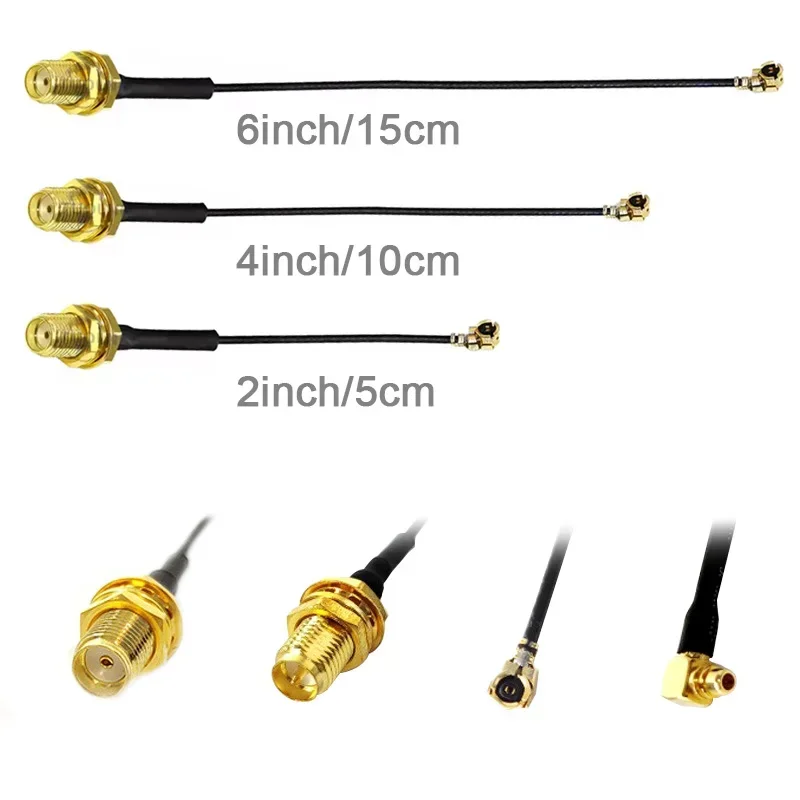 Quatre antennes VTX SMA-K vert armée 10cm alignées, câble noir et connecteur doré