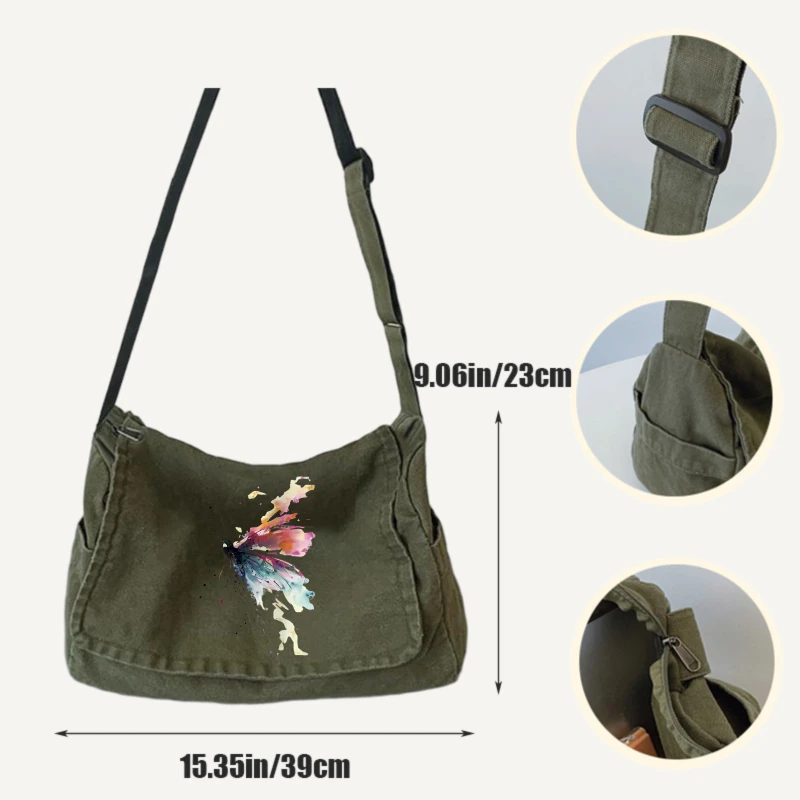 Artistic Women's Shoulder Bag Canvas Butterfly Print Large Capacity Messenger Bag for Travel Women's Bag