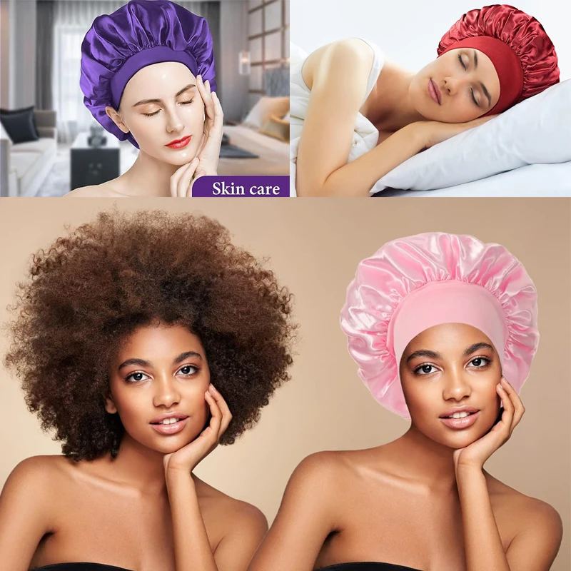 Satin Silk Hair Bonnets For Sleeping Black Widesoft Band Satin Sleep Cap For Women Hair Wrap Curly Baby Pink Showercap