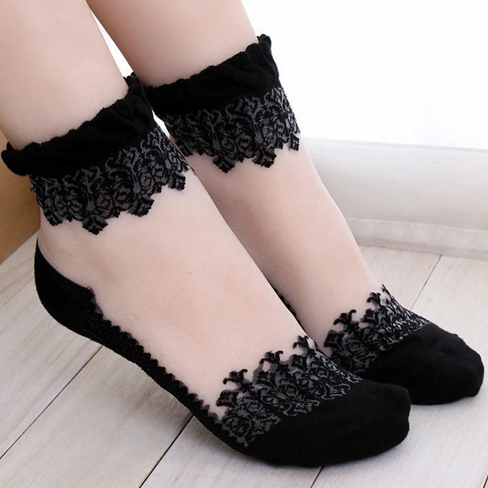 

1Pair Women Lace Ruffle Ankle Sock Soft Comfy Sheer Silk Cotton Elastic Mesh Knit Frill Trim Transparent Ankle Socks