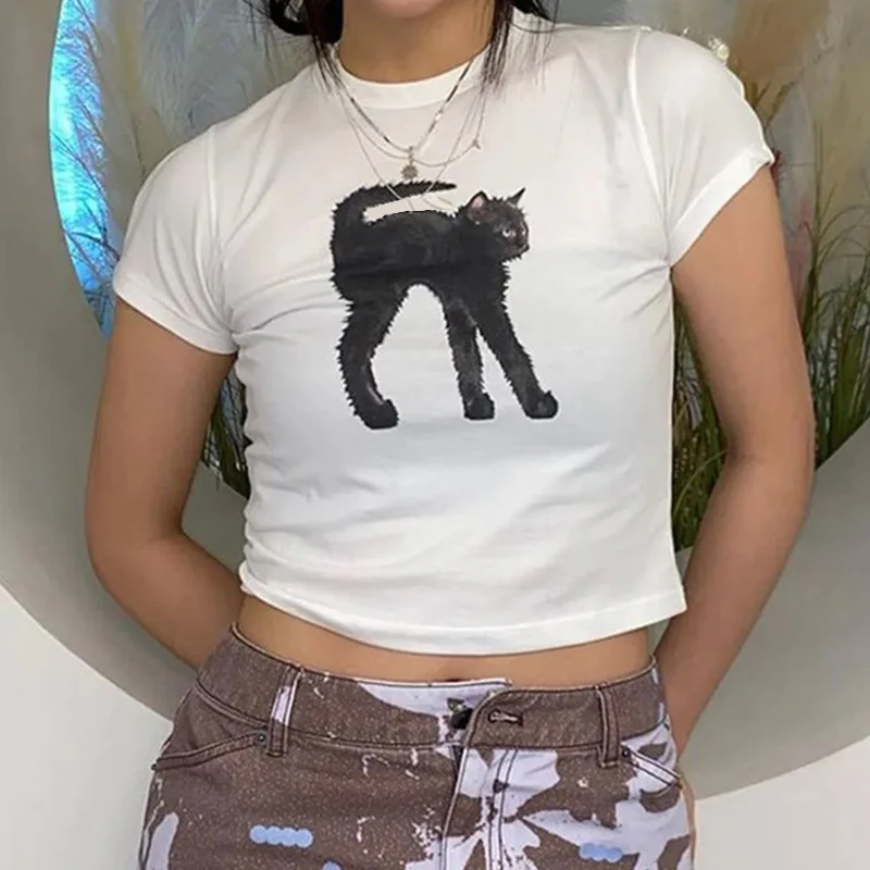 

Baby T-shirt Short sleeved T-shirt Retro Cat Pattern T-shirt Printed Women's Fairy Y2k Clothing Short Top T-shirt Clothing Emo