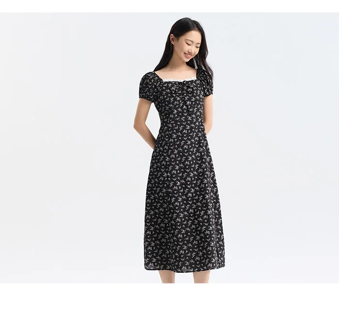 Dress Women Split Bubble Sleeve Medium Long Dress Summer New Square Neck Chiffon Floral Dress Romantic Elegant
