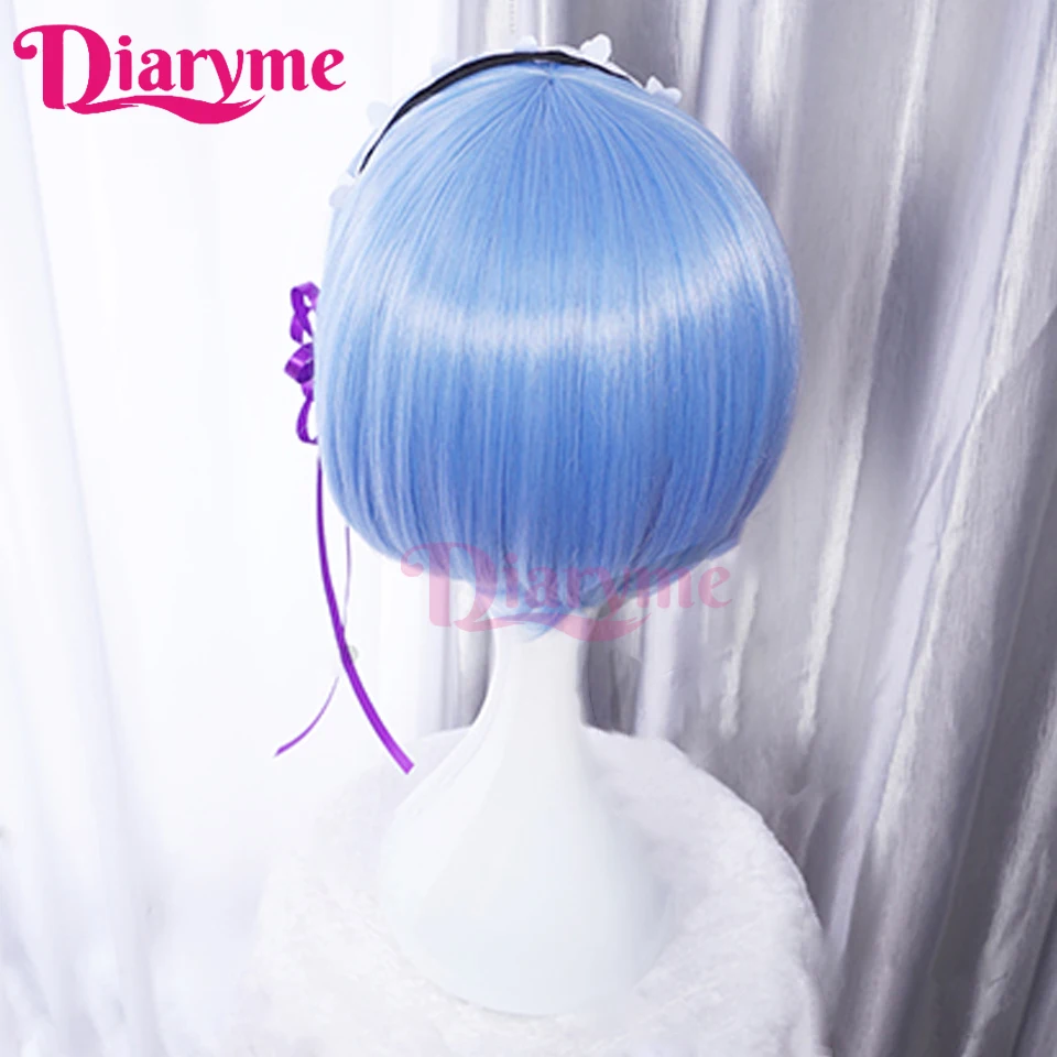 Blue Cos Wig Synthetic Short Straight Anime “Rem” Cosplay Wig With Bangs For Holiday Party Halloween Costume Wigs For Women Loli