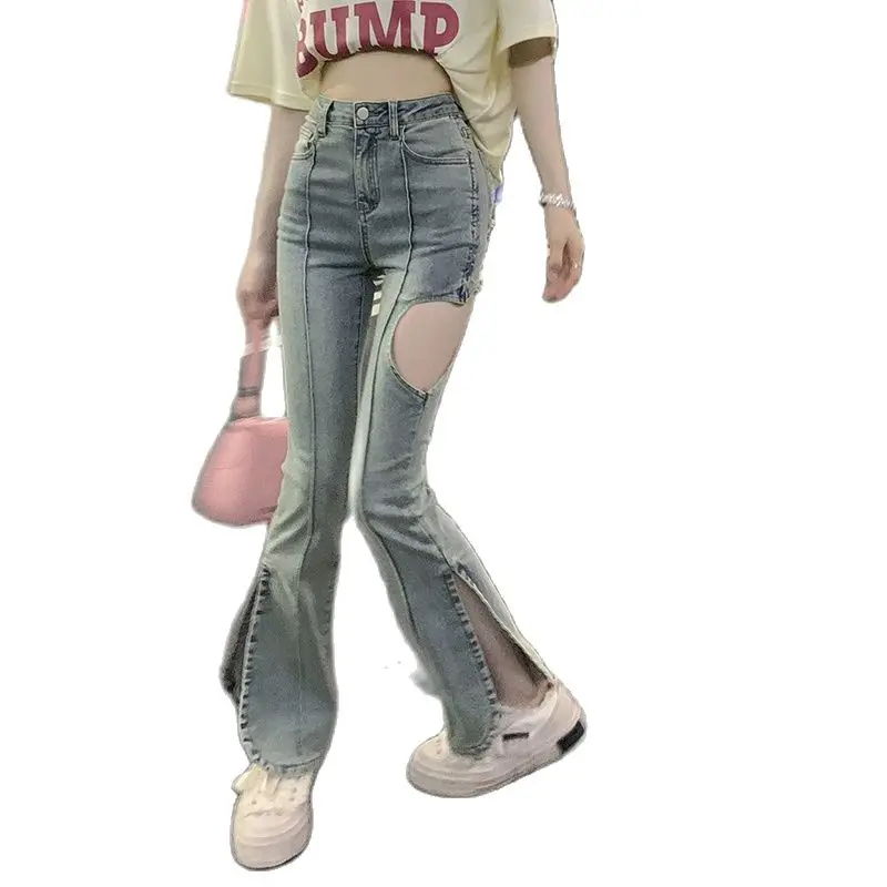 Hollowed Heart Shape Korean Fashion Girls Jeans Flare Hem Vintage Wash Fashion Lady Denim Pants womens belt elastic stretch cinches lady cummerband girls heart buckle waistband