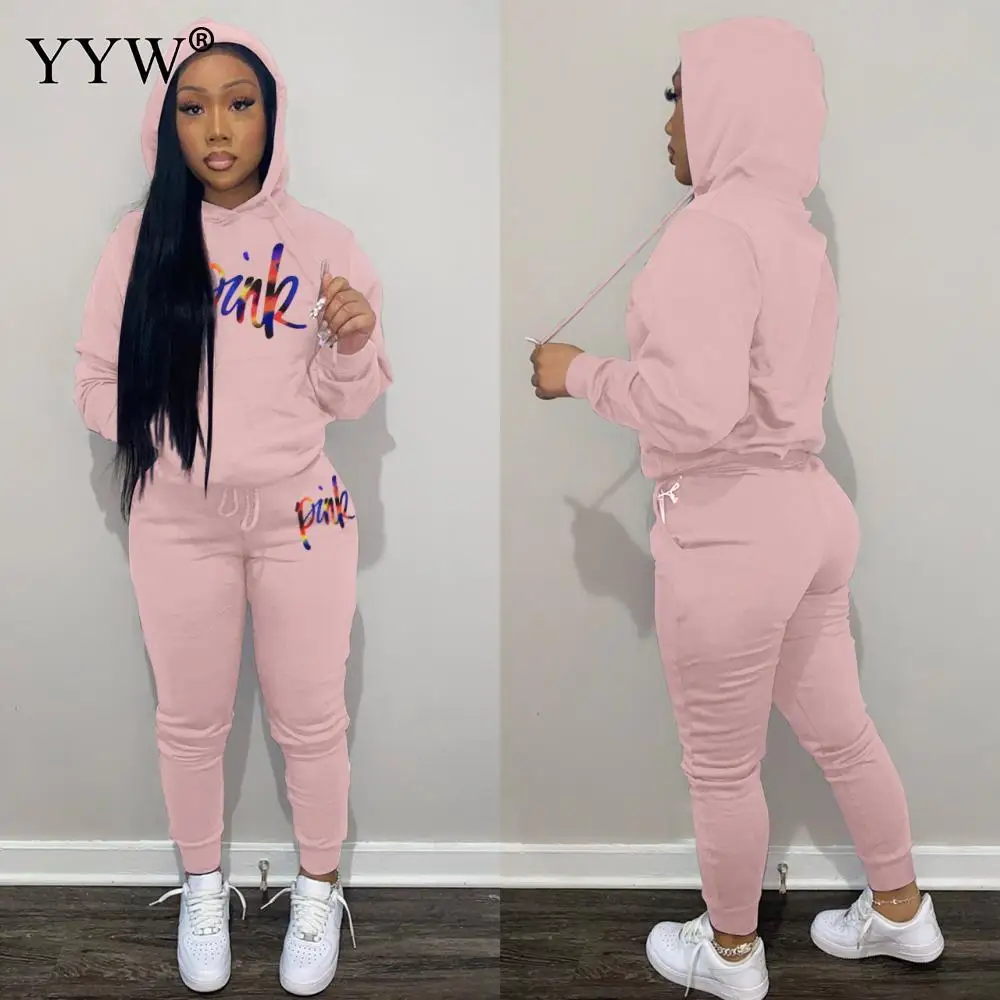 Women Long Sleeve Sporty Tracksuits 3XL Pink Letter Print Casual 2 Piece Pants Set Milk Silk Polyester Spring Sport Suits Female