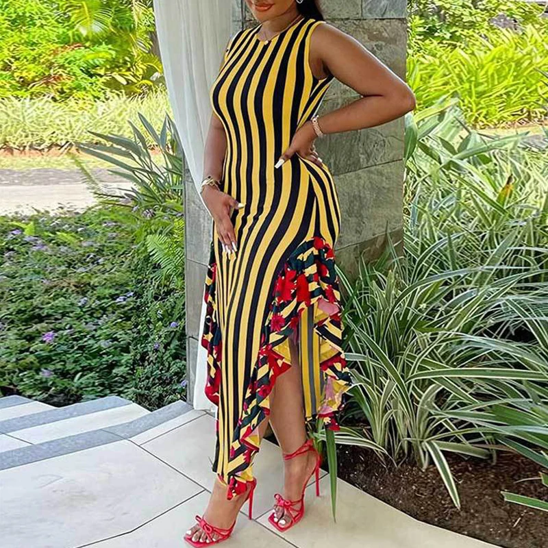 

Elegant Sleeveless Stripe Print Long Dress Fashion O Neck Irregular Party Dress Female Summer Patchwork Street Hip Wrap Dresses