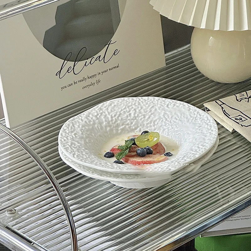 Embossed Ceramic Dinner Plate Light Luxury Creative White Deep Plate Household Dessert Salad Kitchen Tableware