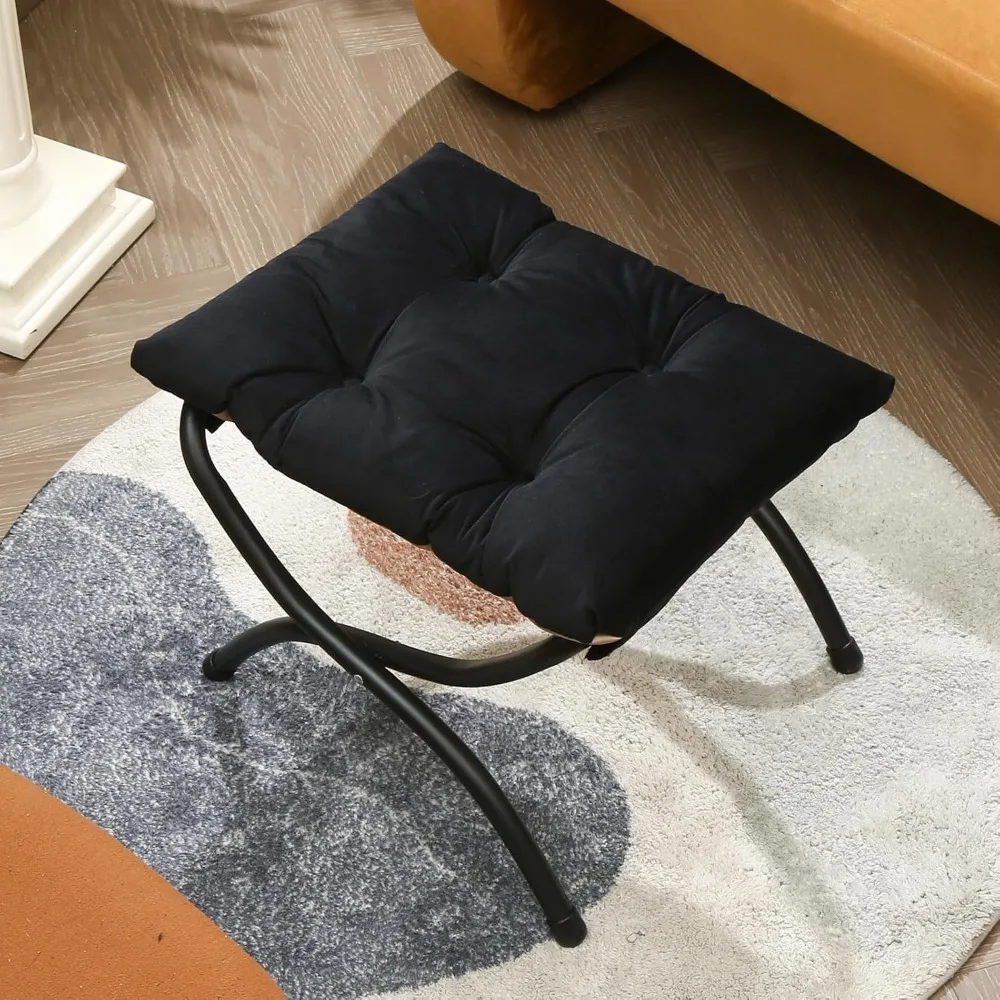 stools.15Folding Foot Stool for Patio, Small Accent Outdoor Ottoman, Metal Frame Foldable Foot Rest, Upholstered Morden Folding