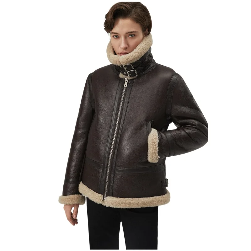 

Women's Winter Bomber Locomotive Jackets Genuine Sheepskin Leather Coats Real Double-faced Fur Outdoor Clothes Black Coffee