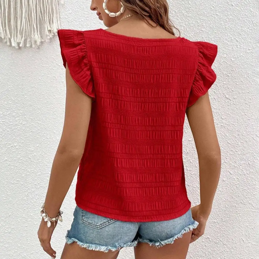 

Relaxed Casual Style Top Stylish Women's Square Collar Flying Sleeve Blouse Loose Fit Pleated Top for Summer Streetwear Fashion