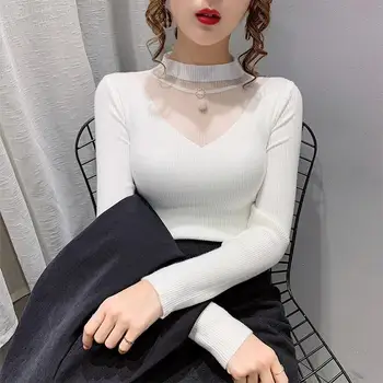 여성용 하프 하이 칼라 패치워크 메쉬 스웨터, 슬림 긴팔 풀오버 니트 보터밍 셔츠, 가을 겨울 신상