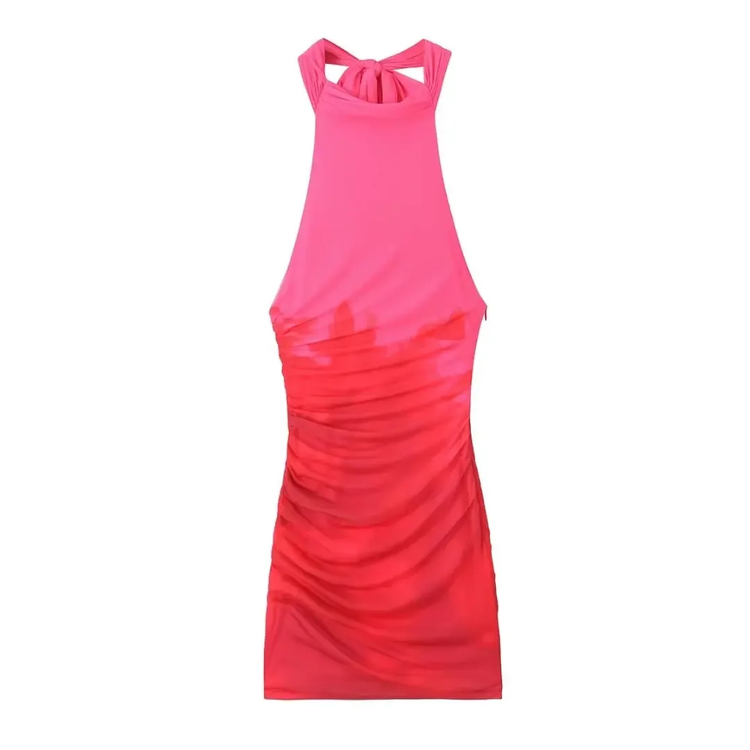 

Women 2024 New Chic Fashion Backless Bow decoration Tight tulle printed Mini Dress Vintage Sleeveless Female Dresses robe Mujer