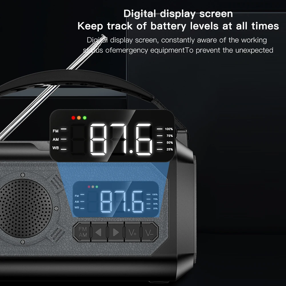 12000mAh Emergency Weather Radio - Solar & Hand Crank Powered, AM/FM/WB, Flashlight, Power Bank, IPX3
