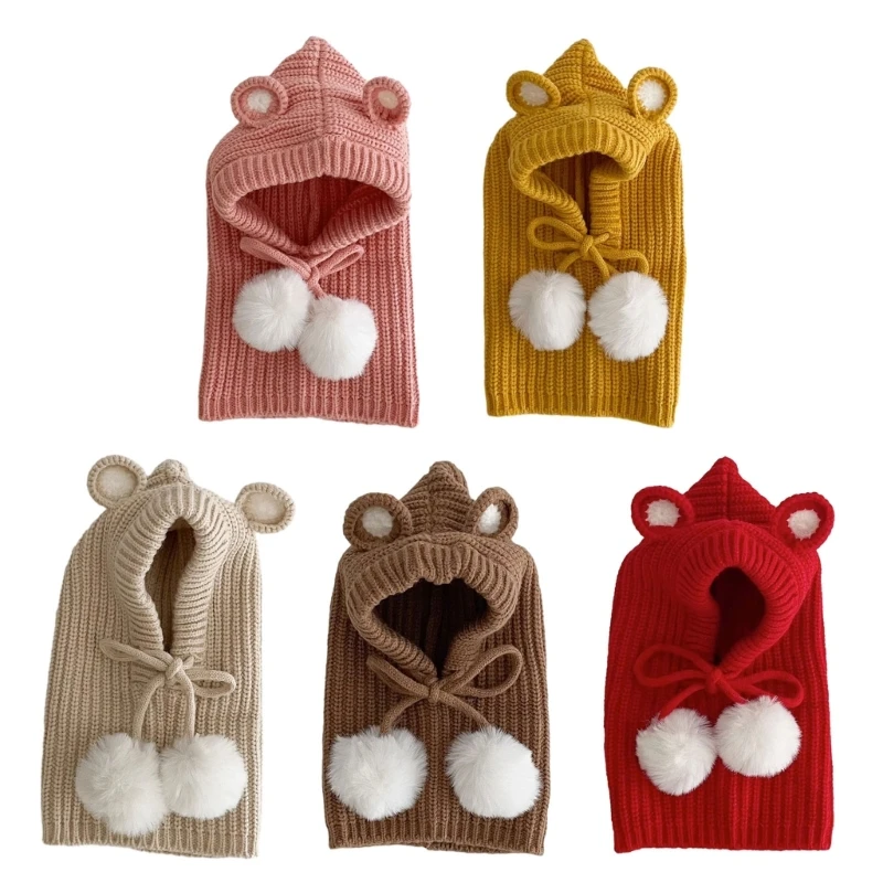 

Knitted Baby Bonnet Cap Scarf with Pompoms Ear Protections Hat Neckerchief Earflap Hat Scarf Winter Warm Hat for Kid QX2D