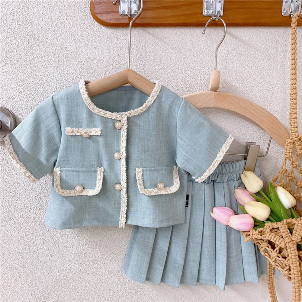 

Baby Girl Clothes Single Breasted Coat+Pleated Skirt 2pcs Summer Girls Clothing Sets Kids Clothes Baby Tracksuit Suit Outfits