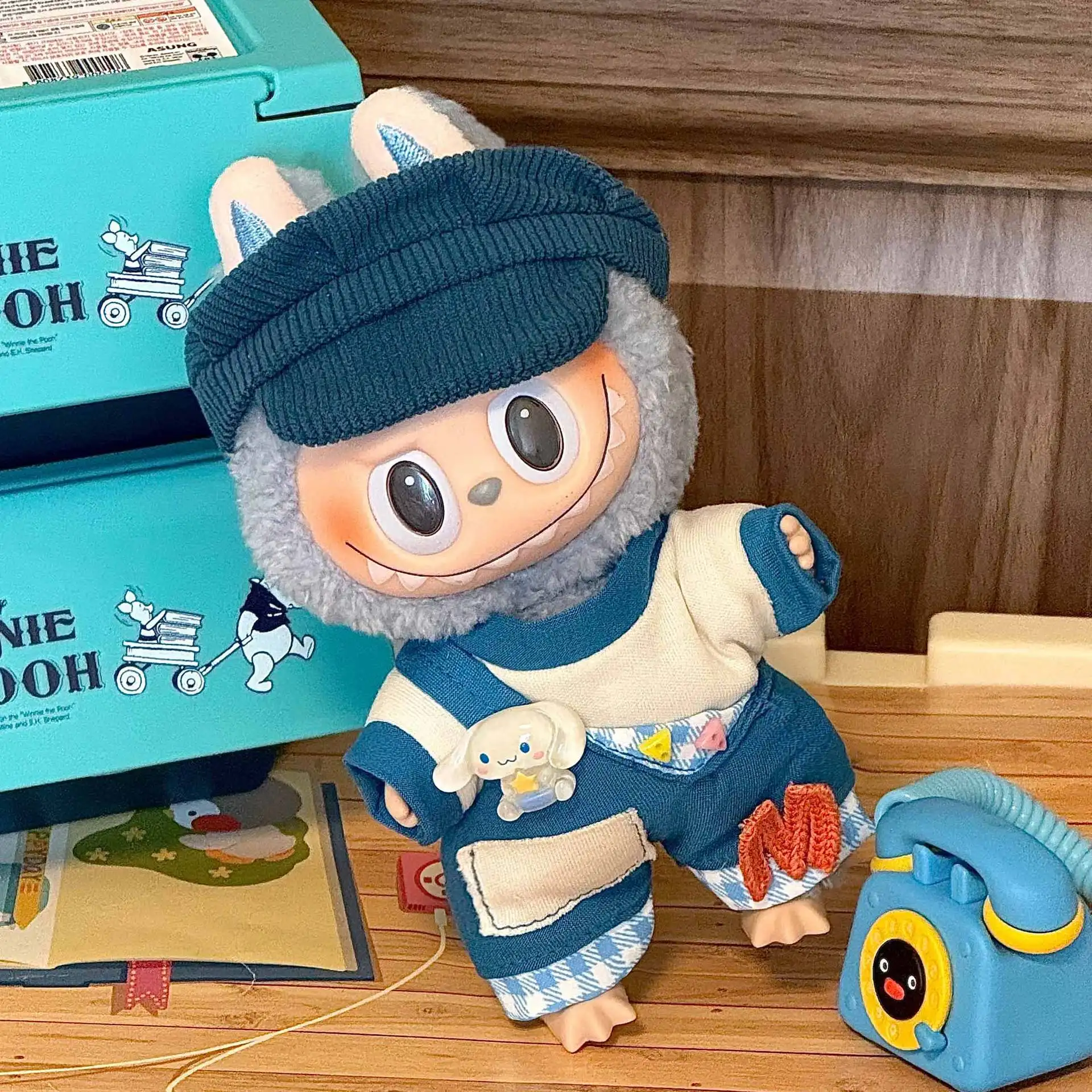 17cm Mini Doll'S Clothes Outfit Accessories for Labubu V1 V2 Striped Overalls Cool Handsome Clothing Gift