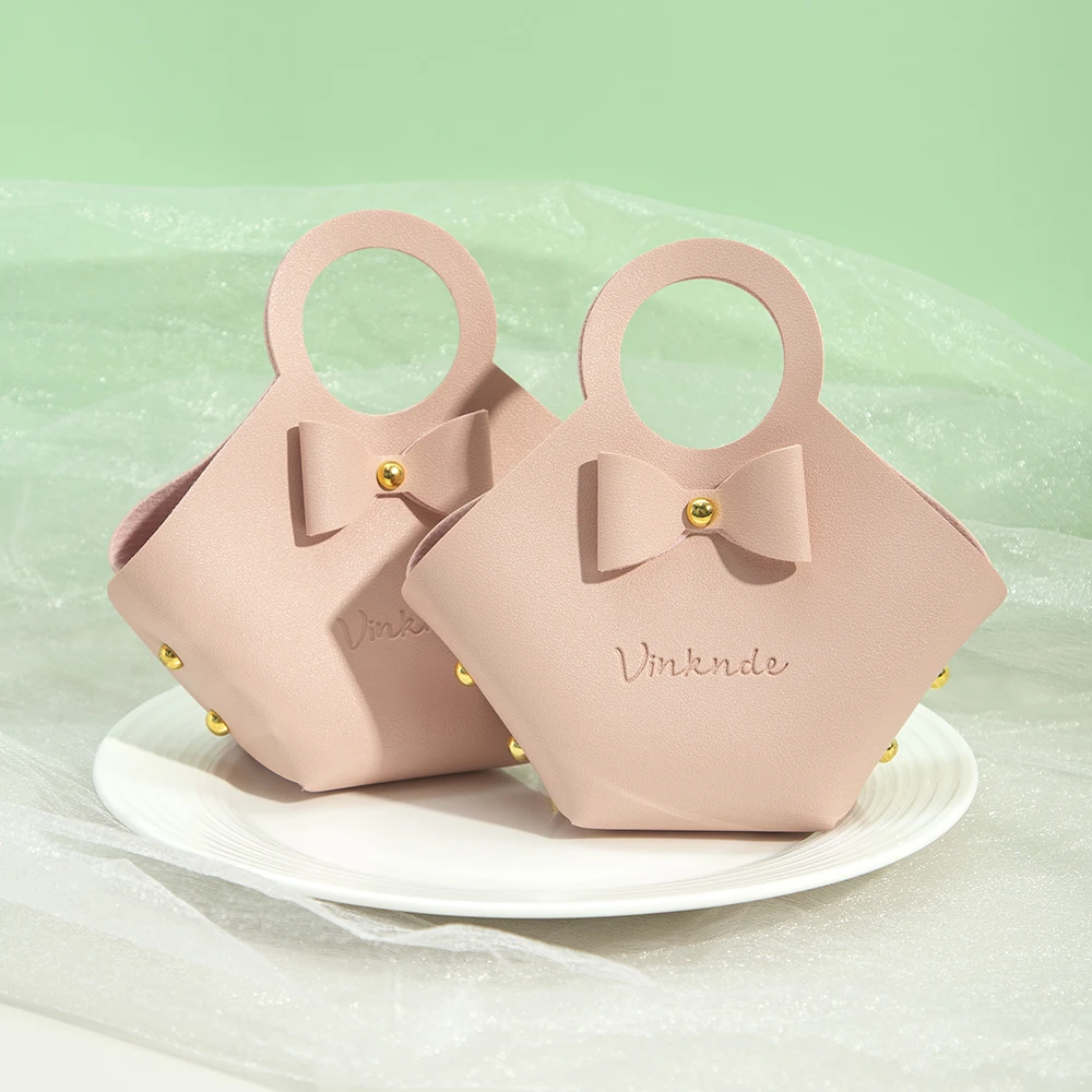 20/50/100Pcs Pink PU Leather Jewelry Bag 16x9x7cm Wedding Candy Chocolate Handbag with Bowknot Baby Shower Storage Basket Pouch