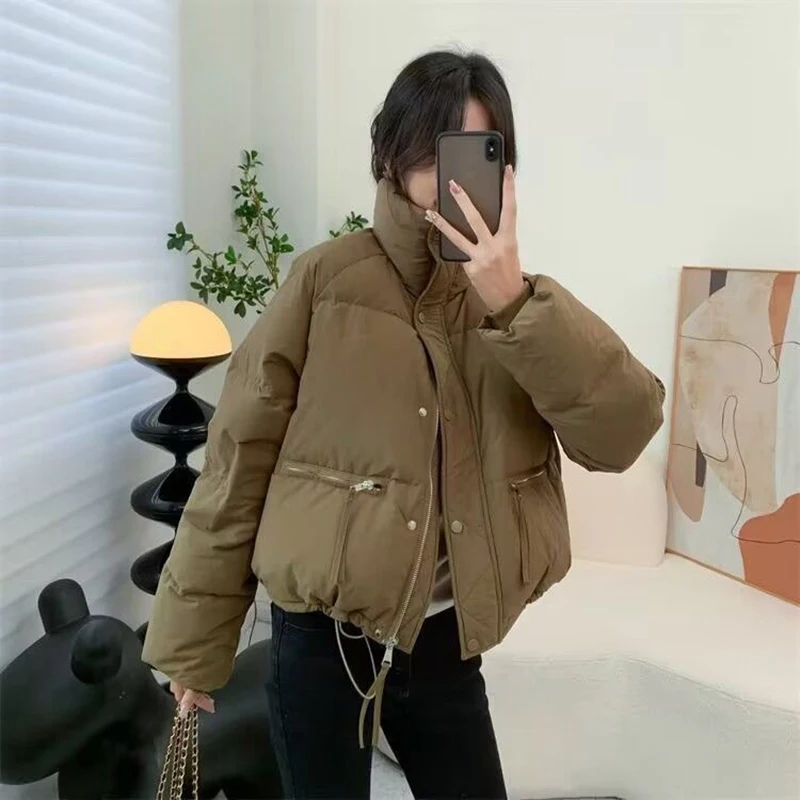 Cropped Parkas Women All-Matchw Solid Color Stand Collar Korean Puffy Jacket Snow Wear Warm Loose Cotton Down Padded Winter Coat