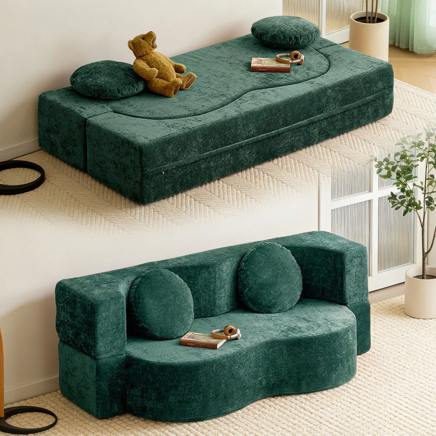 Cream sand hair bed, folding living room sofa, multi-function sofa, apartment high elastic foam double sofa