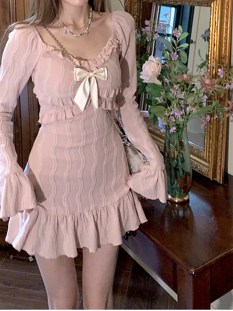 2025 New Pink Sweet Slim Y2k Mini Dress Woman French Elegant Flare Sleeve Dress Party Casual One Piece Dress Korean Fashion 1