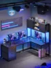 Corner Computer Desk, Reversible L Shaped Computer Desk with Fabric Drawers and Power Outlet, Gaming Desk with Led Lights, Hutc 1