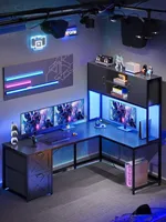 Corner Computer Desk, Reversible L Shaped Computer Desk with Fabric Drawers and Power Outlet, Gaming Desk with Led Lights, Hutc 1