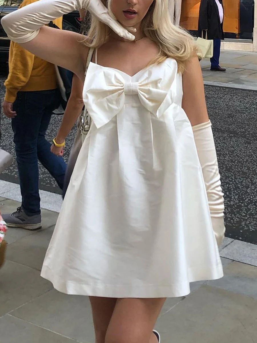 

Women Y2K Satin Backless Mini Dresses Sleeveless Off Shoulder Big Bow Solid Color Casual Party A-Lined Spaghetti Strap 00s Dress