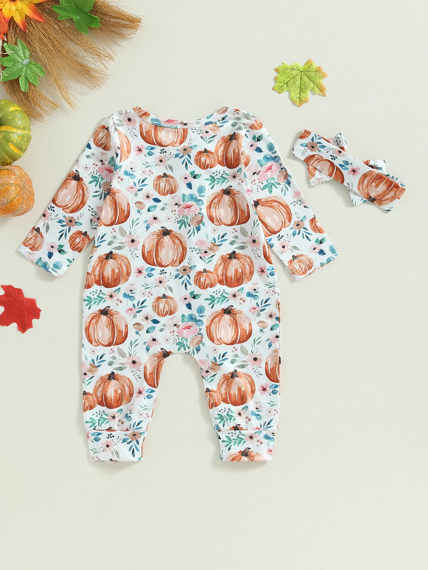 

Cute Baby Girls Floral Print Romper with Ruffle Sleeves and Matching Headband - Adorable Spring Fall Outfit for Infants