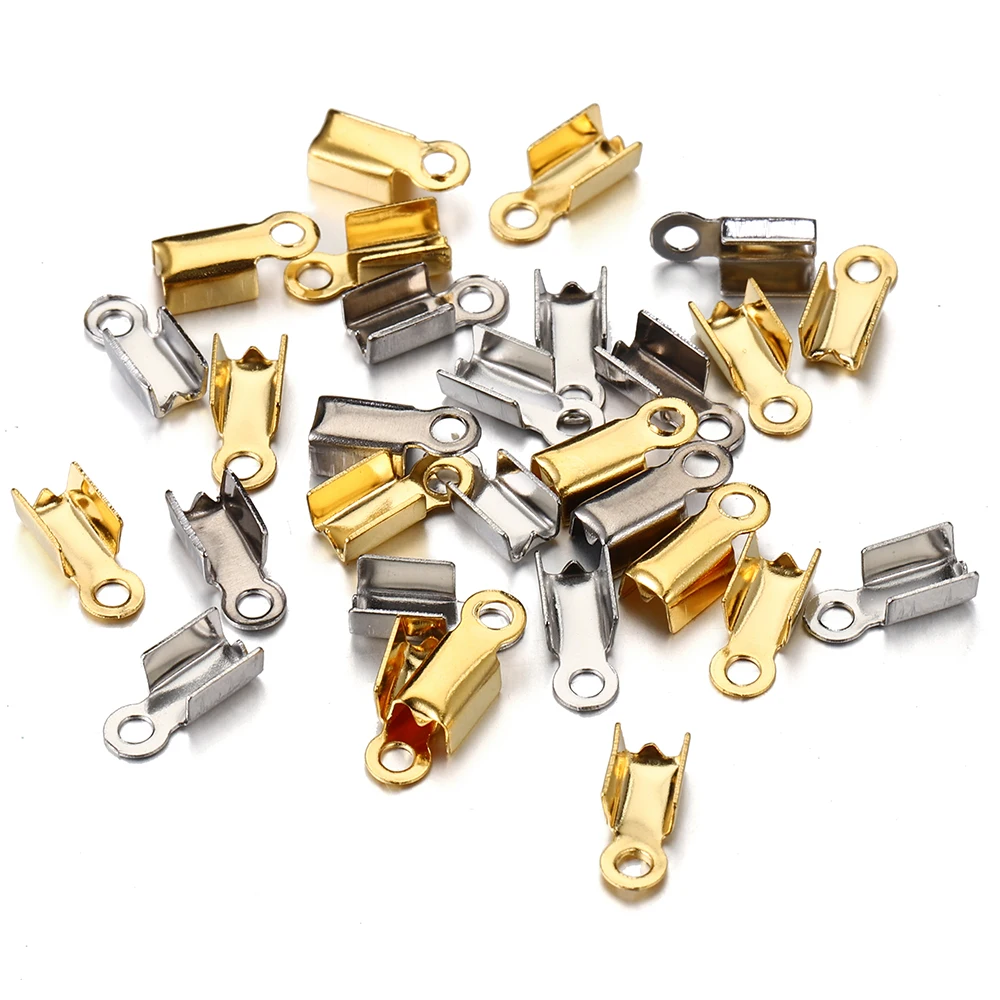 

50pcs Stainless Steel Fastener Crimp End Caps Cover Clasps Ribbon Leather Fold Clip Beads Charm for Jewelry Making DIY