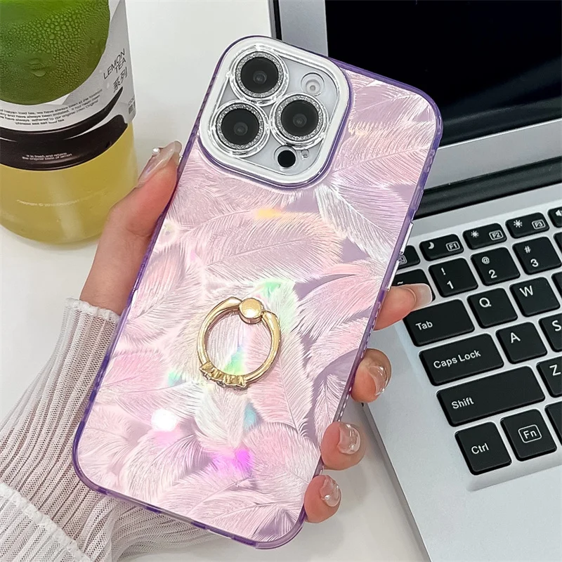 Coque de téléphone Camlet Feather Ring Holder Laser pour iPhone 16 Plus 15 14 13 Pro Max Hard PC Glitter Camera Protection Back Cover_voghion.com