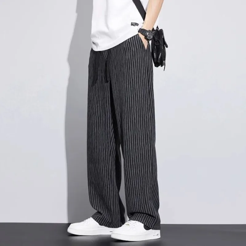 Korean Version Streetwear Fashion Men Stripe Wide Leg Pants Summer Male Harajuku Loose Casual Elastic Waist Straight Trousers