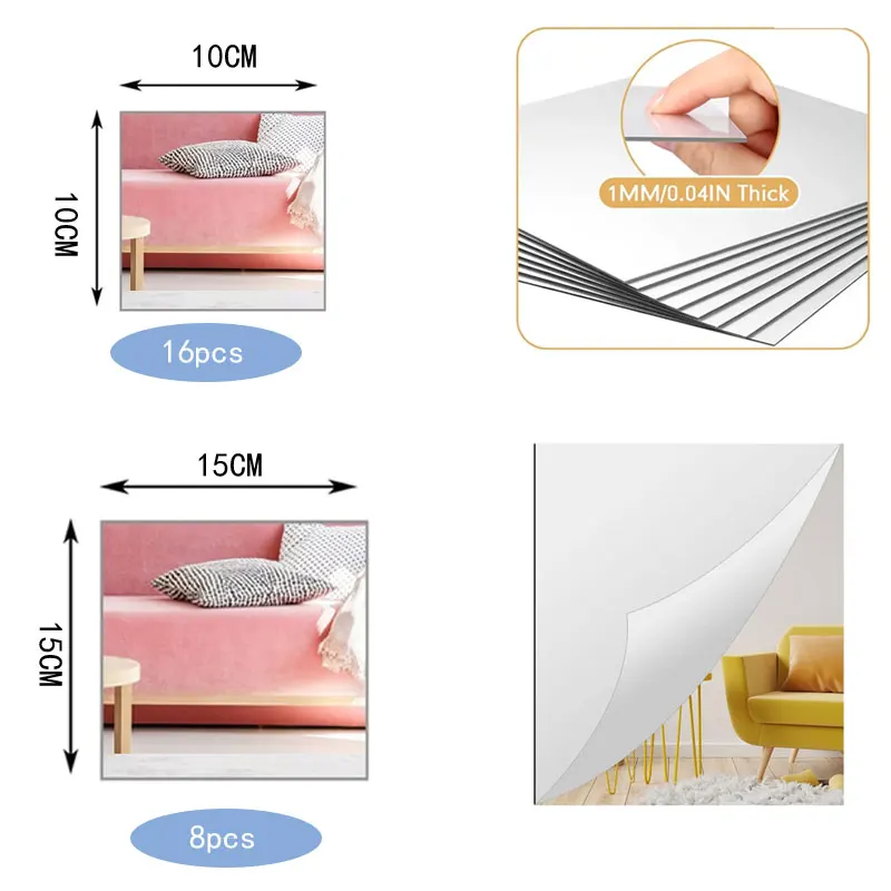 4 Pcs Self-Adhesive Acrylic Mirror Tiles – 8x8 Inch Shatterproof Square Wall Mirrors For Bathroom, Gym, Bedroom Decor - View #3