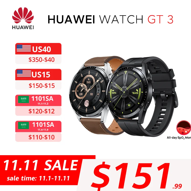 In Stock Global Version HUAWEI WATCH GT 3 ⁄ GT 3 Pro SpO2 Monitoring 1.43  inches AMOLED 46mm GPS Bluetooth 5.2 Microphone|Smart Watches|
