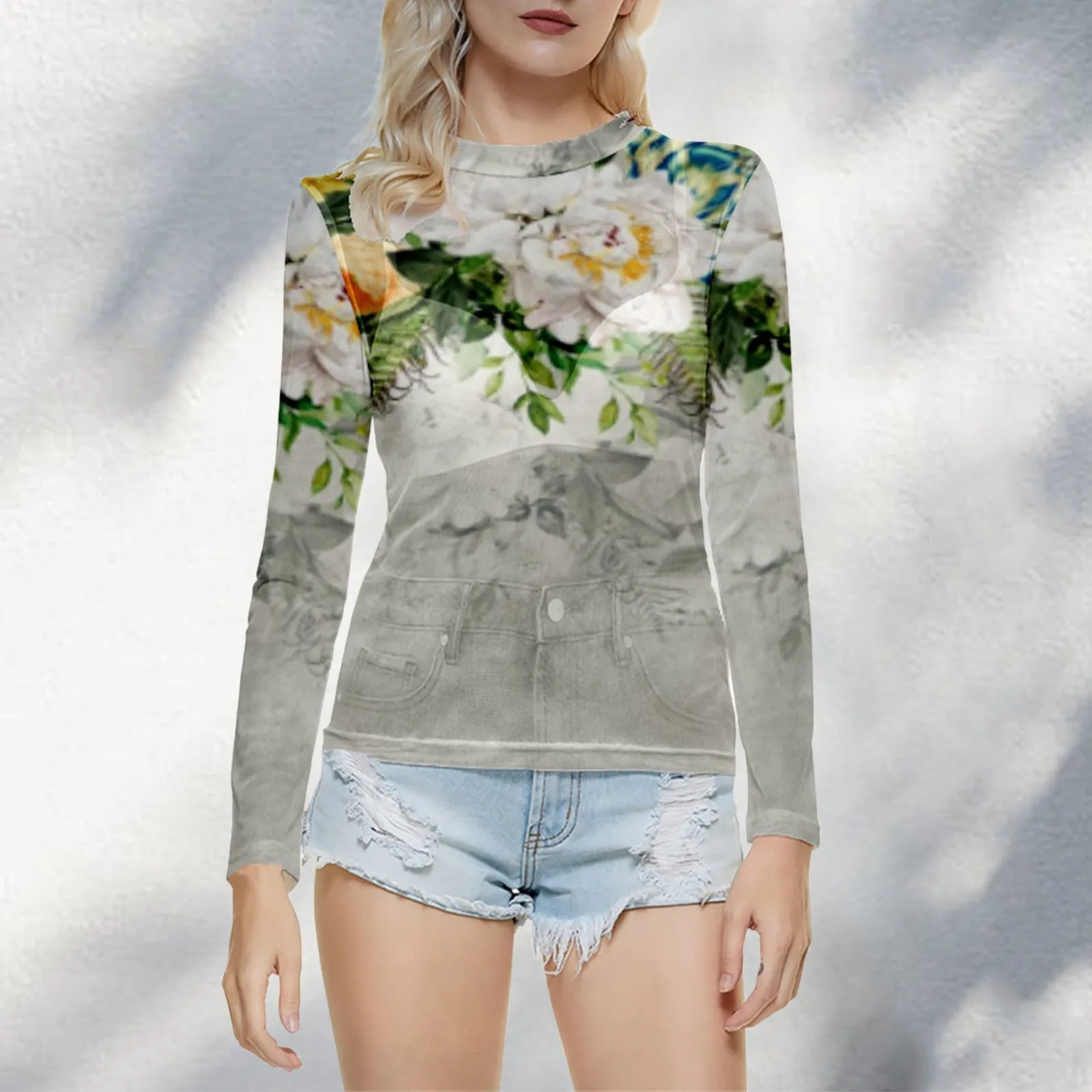 

2024 Summer Fashion Round Neck Long Sleeved Blouse Semi Transparent Top Printed Shirt Bottom Shirt Plus Sized Tops For Women