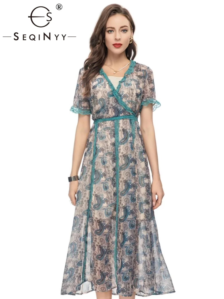 

SEQINYY Casual Midi Dress Summer Spring New Fashion Design Women Runway Short Sleeve Lace Vintage Flowers Print Elegant