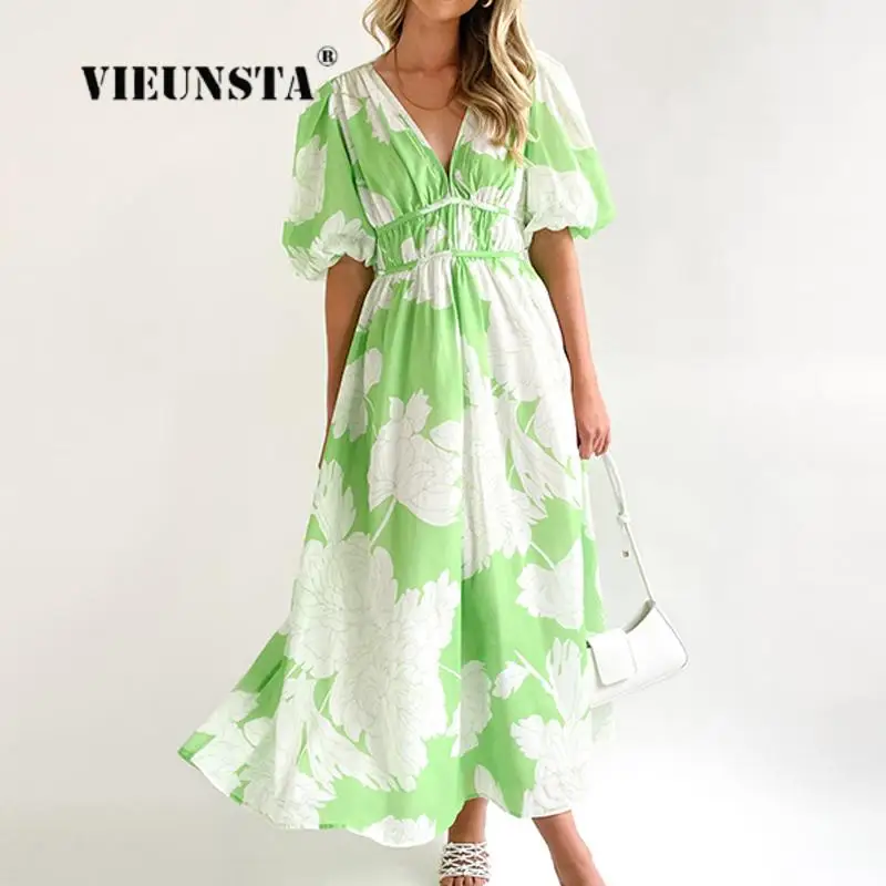 

2023 Women Temperament Puff Sleeve Pleat Hem Dress Fashion V-Neck High Waist Maxi Party Dress Chic Lady Print A-Line Long Dress