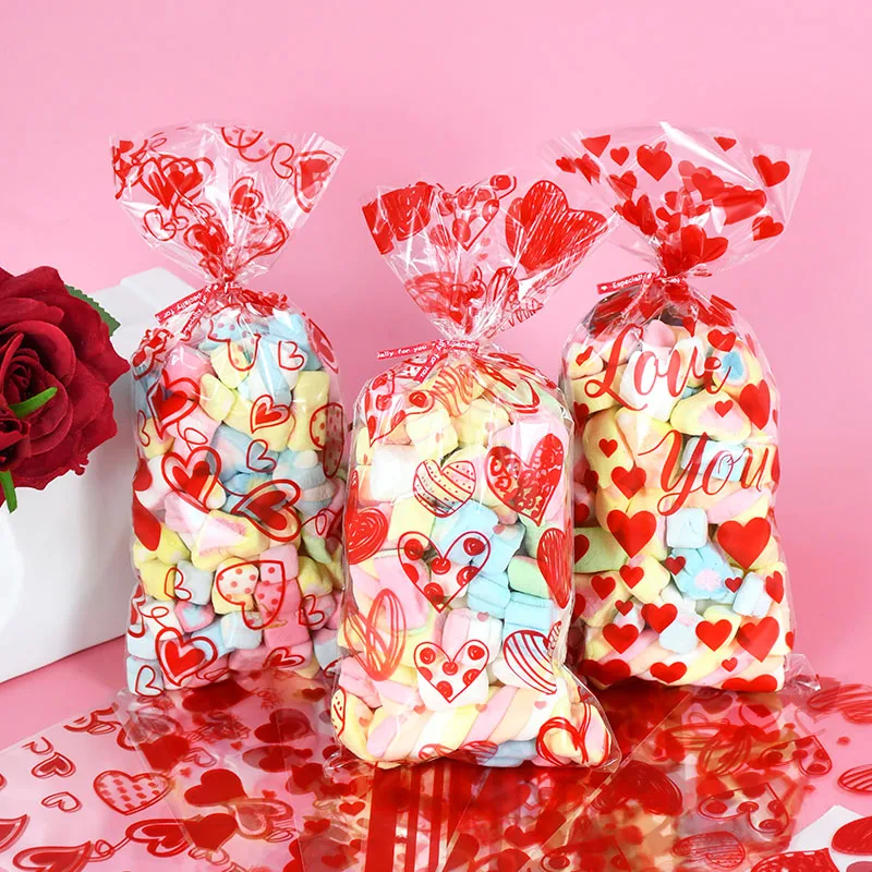 

60Pcs Red Heart Printed Candy Gift Bags Valentine's Day Wedding Birthday Party Candy Buscuit Baking Packaging Treat Gift Bags