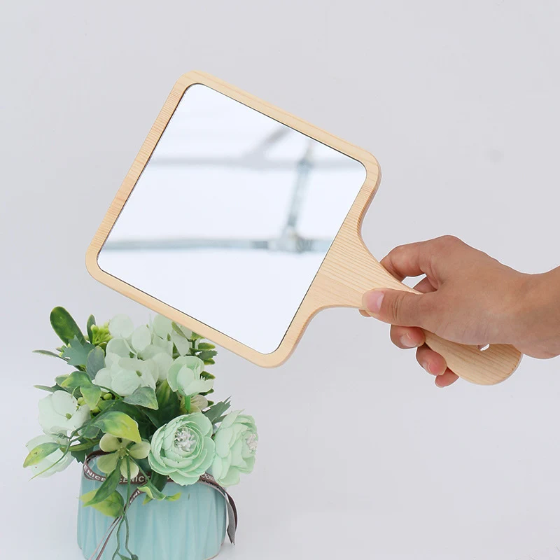 크리에이티브 나무 핸드헬드 메이크업 거울, 휴대용 메이크업 거울, 뷰티 거울, 로그 핸들, 사각형 메이크업 거울, 메이크업 도구